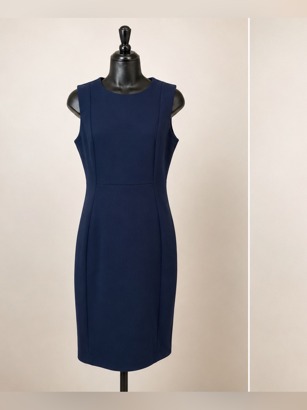 Calvin Klein Navy Sheath Dress Sz 10 Gold Zip Back Career Cocktail Stretch NWOT